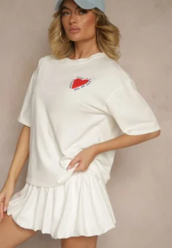 Jasnobeżowy T-shirt z Bawełny Ozdobiony Sercem Ranira