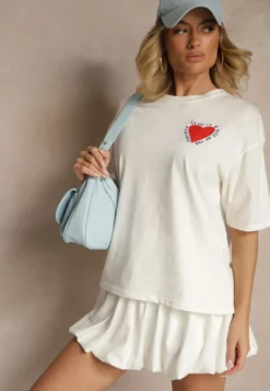 Jasnobeżowy T-shirt z Bawełny Ozdobiony Sercem Ranira