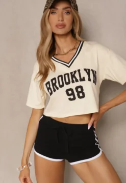 Jasnobeżowy T-shirt z Bawełny Ozdobiony Napisem Lireline