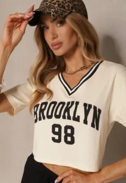 Jasnobeżowy T-shirt z Bawełny Ozdobiony Napisem Lireline