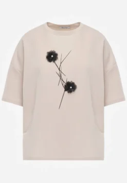 Jasnobeżowy Wiskozowy T-shirt Ozdobiony Kwiatami i Perełkami Muvine