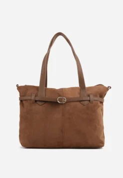 Jasnobrązowa Elegancka Torebka Shopper Bag o Fakturze Zamszu z Paskiem z Klamerką Mudrey