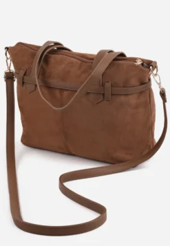 Jasnobrązowa Elegancka Torebka Shopper Bag o Fakturze Zamszu z Paskiem z Klamerką Mudrey