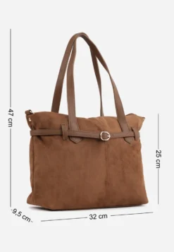 Jasnobrązowa Elegancka Torebka Shopper Bag o Fakturze Zamszu z Paskiem z Klamerką Mudrey