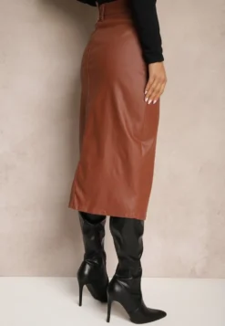 Jasnobrązowa Spódnica z Imitacji Skóry High Waist z Rozcięciem i Napami z Przodu Asttia