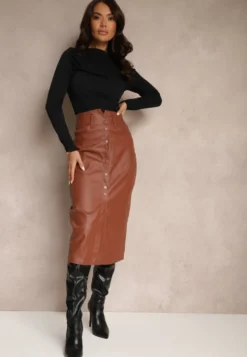 Jasnobrązowa Spódnica z Imitacji Skóry High Waist z Rozcięciem i Napami z Przodu Asttia