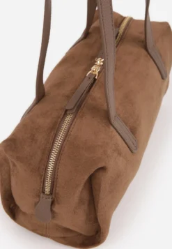 Jasnobrązowa Torebka Bowling Bag na Ramię o Fakturze Zamszu Aelaril