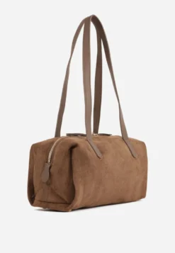 Jasnobrązowa Torebka Bowling Bag na Ramię o Fakturze Zamszu Aelaril