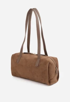 Jasnobrązowa Torebka Bowling Bag na Ramię o Fakturze Zamszu Aelaril