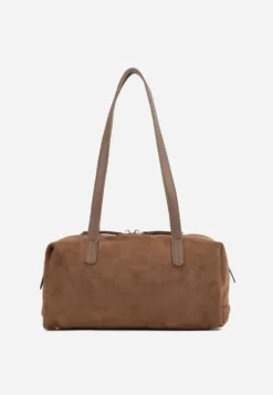 Jasnobrązowa Torebka Bowling Bag na Ramię o Fakturze Zamszu Aelaril