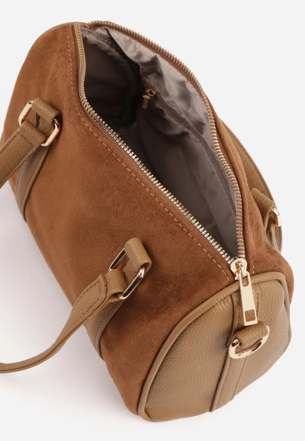 Jasnobrązowa Torebka Bowling o Fakturze Zamszu i Skóry z Rączkami i Paskiem Ayrnye