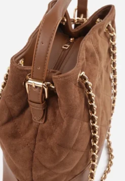 Jasnobrązowa Torebka Bucket Bag z Przeszyciami w Romby z Rączką i Uchwytami z Łańcuszkiem Denidora