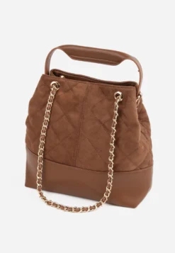 Jasnobrązowa Torebka Bucket Bag z Przeszyciami w Romby z Rączką i Uchwytami z Łańcuszkiem Denidora