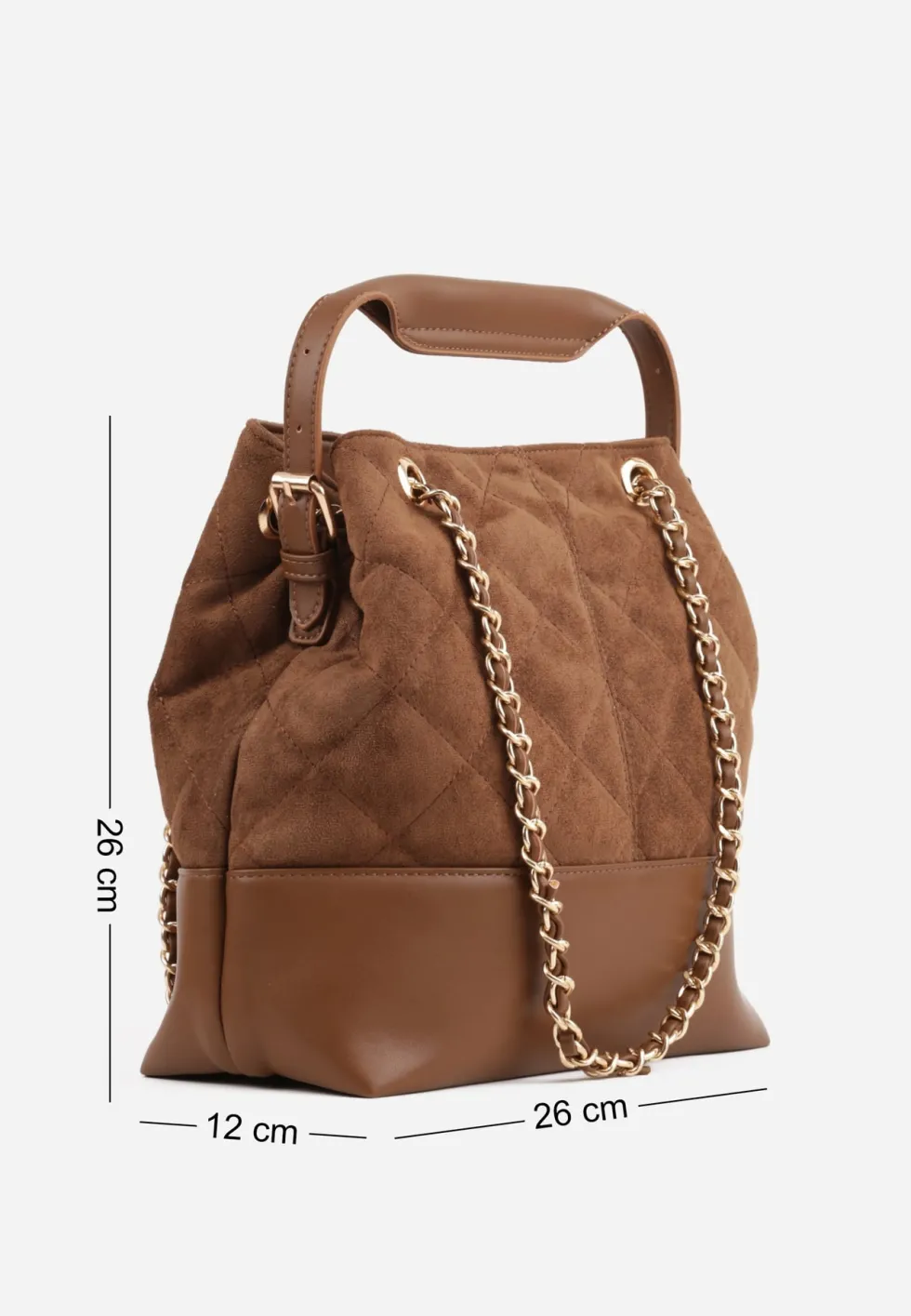 Jasnobrązowa Torebka Bucket Bag z Przeszyciami w Romby z Rączką i Uchwytami z Łańcuszkiem Denidora