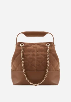Jasnobrązowa Torebka Bucket Bag z Przeszyciami w Romby z Rączką i Uchwytami z Łańcuszkiem Denidora