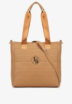 Jasnobrązowa Torebka Typu Shopper z Paskiem Crossbody i Aplikacją Zdobiona Pikowaniem Fleomira