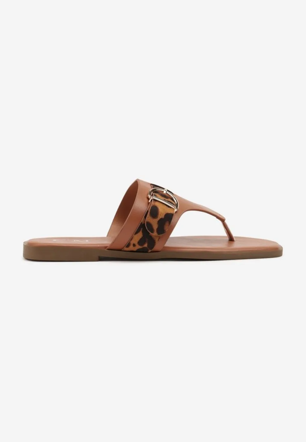 Jasnobrązowe Klapki z Ozdobną Klamerką i Wstawkami Animal Print Savicelle