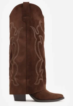 Jasnobrązowe Kozaki Kowbojki z Wywiniętą Cholewką na Stożkowym Obcasie z Ozdobnymi Przeszyciami Vava