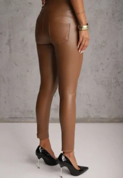 Jasnobrązowe Legginsy High Waist z Imitacjami Kieszeni Salabria