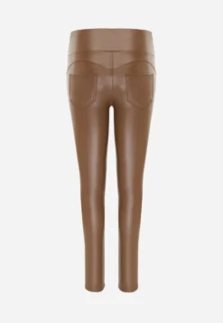 Jasnobrązowe Legginsy High Waist z Imitacjami Kieszeni Salabria