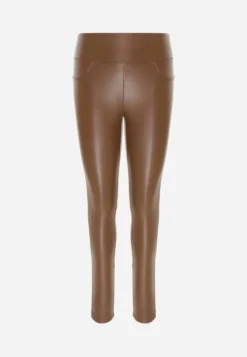 Jasnobrązowe Legginsy High Waist z Imitacjami Kieszeni Salabria