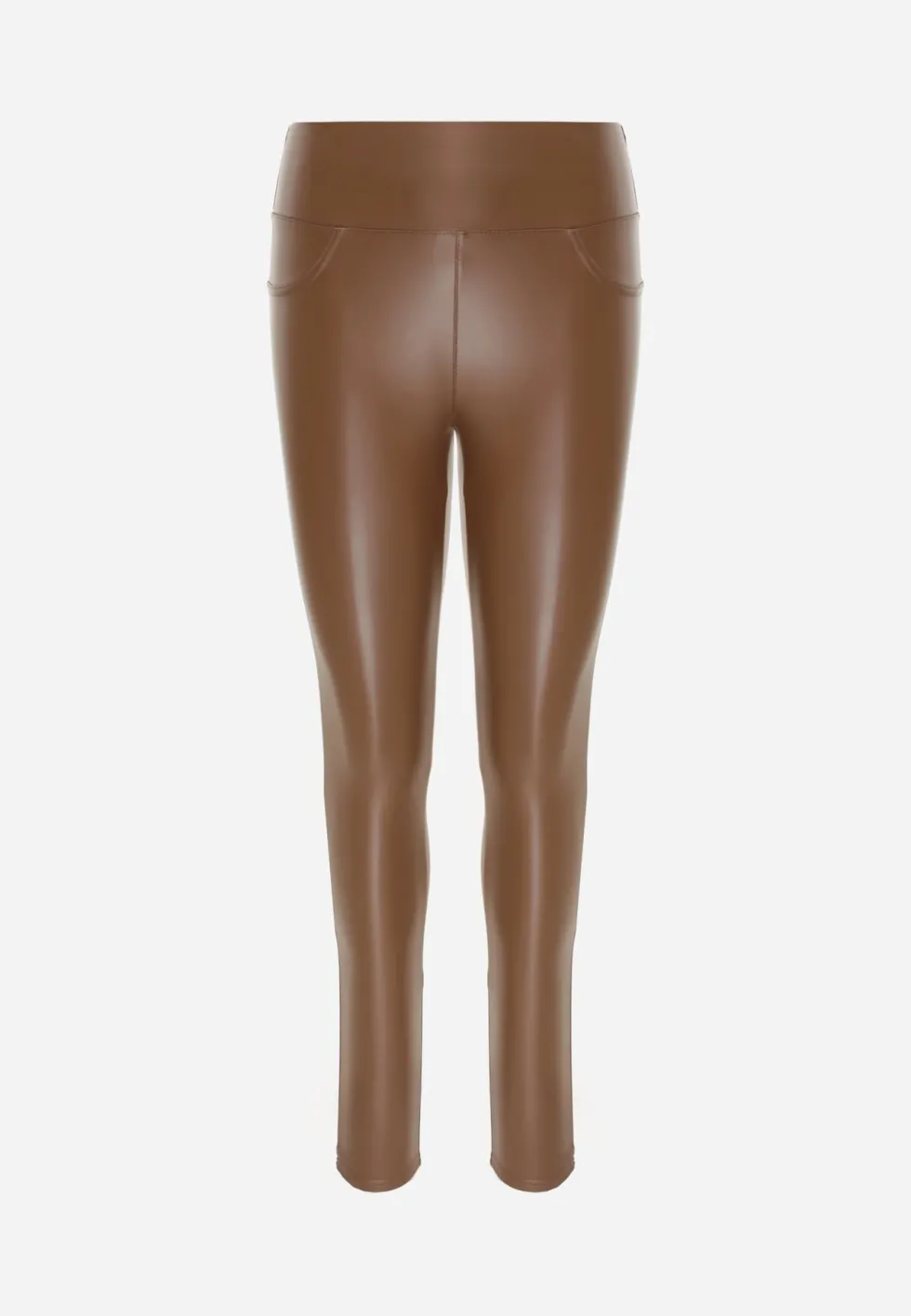 Jasnobrązowe Legginsy High Waist z Imitacjami Kieszeni Salabria
