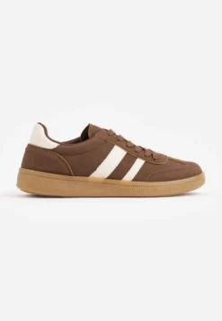 Jasnobrązowe Sneakersy Typu Tenisówki Ozdobione Paskami po Bokach Fefia
