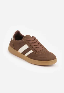 Jasnobrązowe Sneakersy Typu Tenisówki Ozdobione Paskami po Bokach Fefia