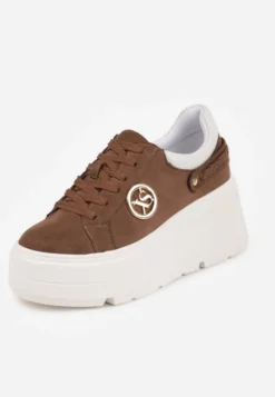 Jasnobrązowe Sneakersy Vices na Platformie Ozdobione Metaliczną Aplikacją Tatellia