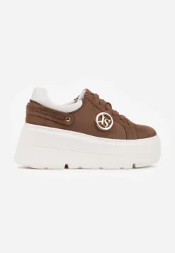 Jasnobrązowe Sneakersy Vices na Platformie Ozdobione Metaliczną Aplikacją Tatellia