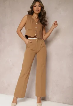 Jasnobrązowe Spodnie Garniturowe High Waist z Przeszyciami Variola