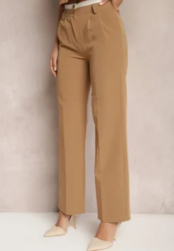 Jasnobrązowe Spodnie Garniturowe High Waist z Przeszyciami Variola