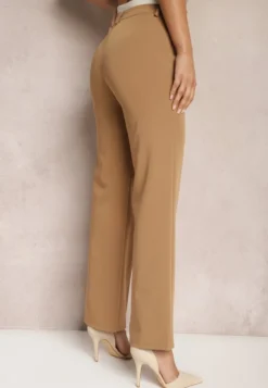 Jasnobrązowe Spodnie Garniturowe High Waist z Przeszyciami Variola