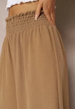 Jasnobrązowe Spodnie High Waist z Szerokimi Nogawkami i Gumką w Pasie Risabessa