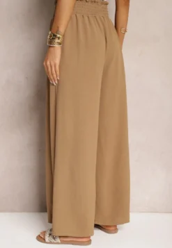Jasnobrązowe Spodnie High Waist z Szerokimi Nogawkami i Gumką w Pasie Risabessa