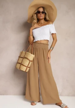 Jasnobrązowe Spodnie High Waist z Szerokimi Nogawkami i Gumką w Pasie Risabessa