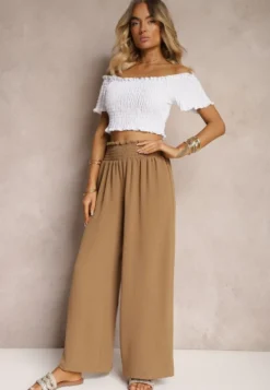 Jasnobrązowe Spodnie High Waist z Szerokimi Nogawkami i Gumką w Pasie Risabessa
