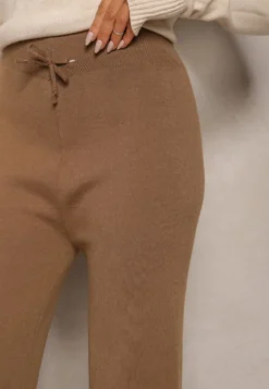 Jasnobrązowe Spodnie o Szerokim Kroju High Waist z Cyrkoniami i Gumką w Pasie Loreitha