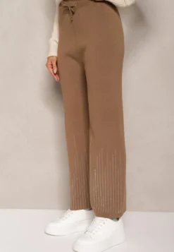 Jasnobrązowe Spodnie o Szerokim Kroju High Waist z Cyrkoniami i Gumką w Pasie Loreitha