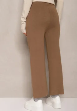 Jasnobrązowe Spodnie o Szerokim Kroju High Waist z Cyrkoniami i Gumką w Pasie Loreitha