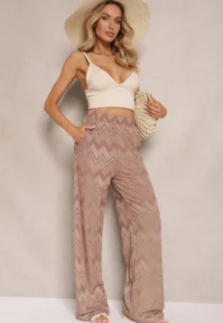 Jasnobrązowe Spodnie z Wiskozą o Szerokim Kroju High Waist Weralis