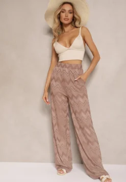 Jasnobrązowe Spodnie z Wiskozą o Szerokim Kroju High Waist Weralis