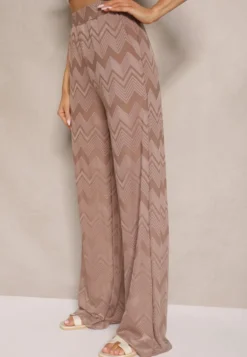 Jasnobrązowe Spodnie z Wiskozą o Szerokim Kroju High Waist Weralis