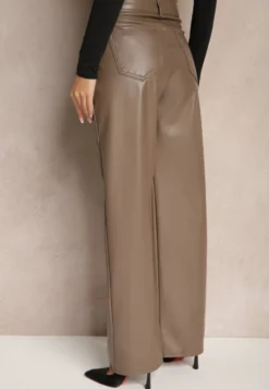 Jasnobrązowe Szerokie Spodnie High Waist z Imitacji Skóry Enawinn