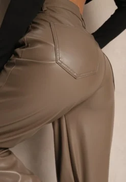 Jasnobrązowe Szerokie Spodnie High Waist z Imitacji Skóry Enawinn