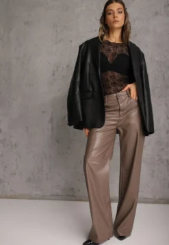 Jasnobrązowe Szerokie Spodnie High Waist z Imitacji Skóry Enawinn