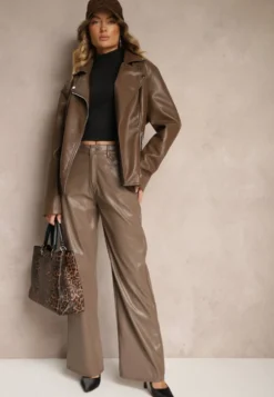 Jasnobrązowe Szerokie Spodnie High Waist z Imitacji Skóry Enawinn