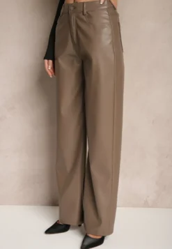 Jasnobrązowe Szerokie Spodnie High Waist z Imitacji Skóry Enawinn