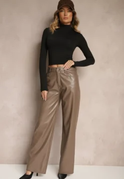 Jasnobrązowe Szerokie Spodnie High Waist z Imitacji Skóry Enawinn