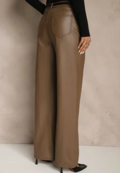 Jasnobrązowe Szerokie Spodnie High Waist z Imitacji Skóry Curbelo